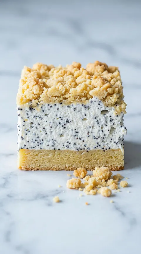 A slice of cake with a white cream filling and a sprinkle of nuts on top.