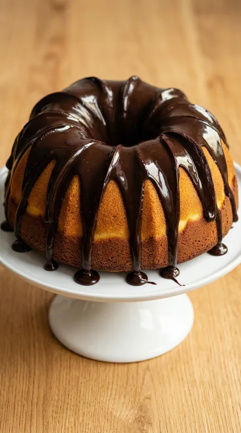 A chocolate cake with chocolate drizzle.