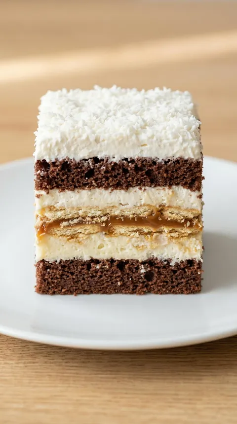 A slice of cake with white frosting and brown crust.