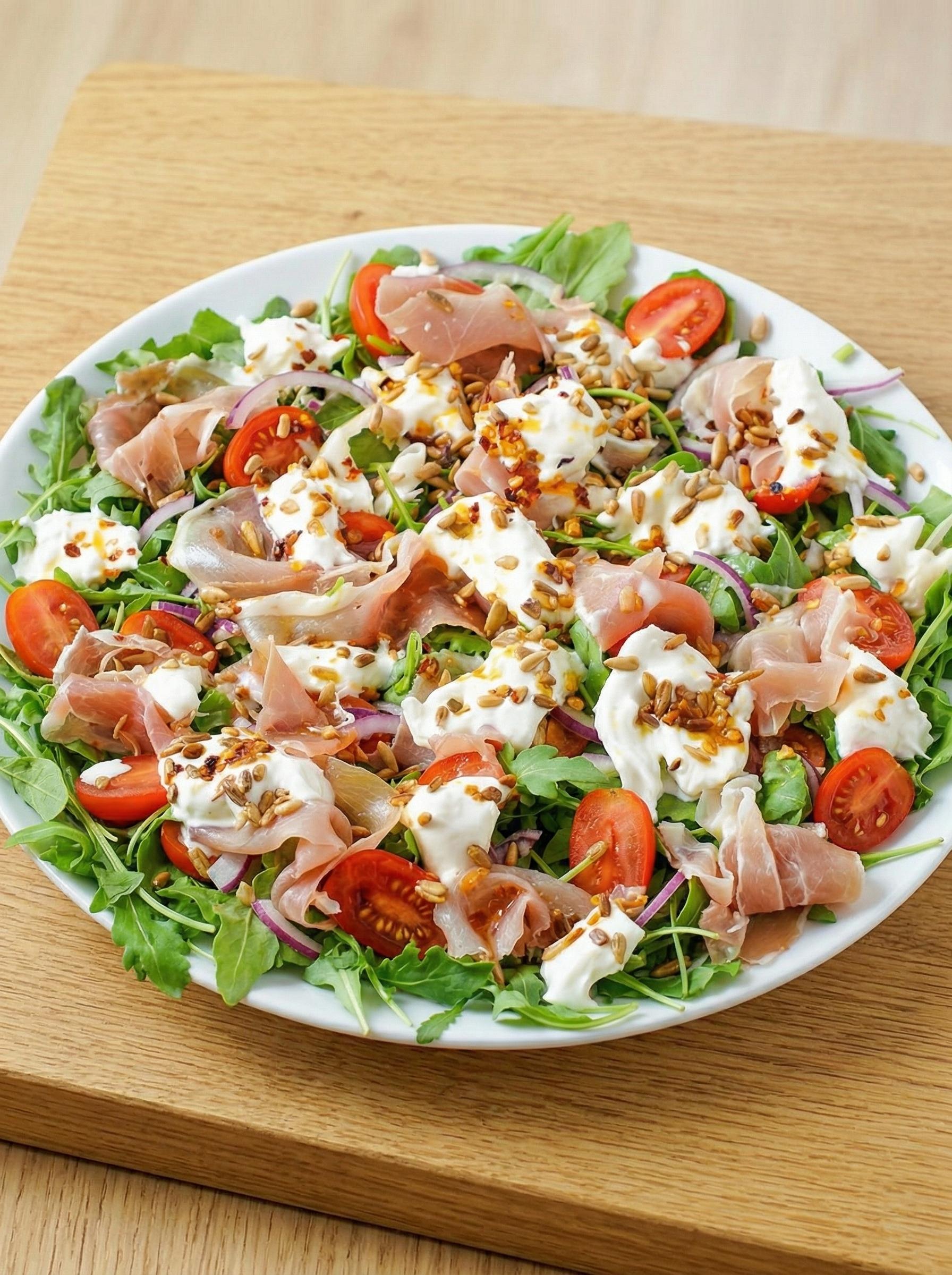A plate of salad with ham and cheese.