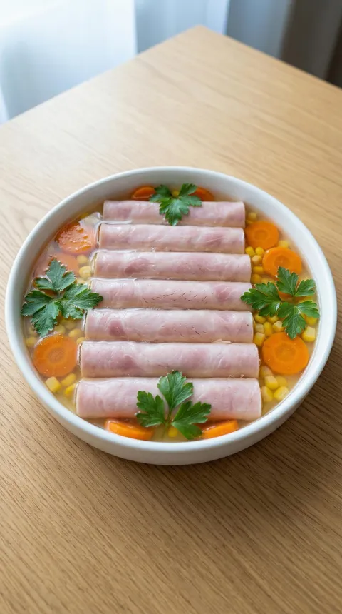 A bowl of ham and vegetables.