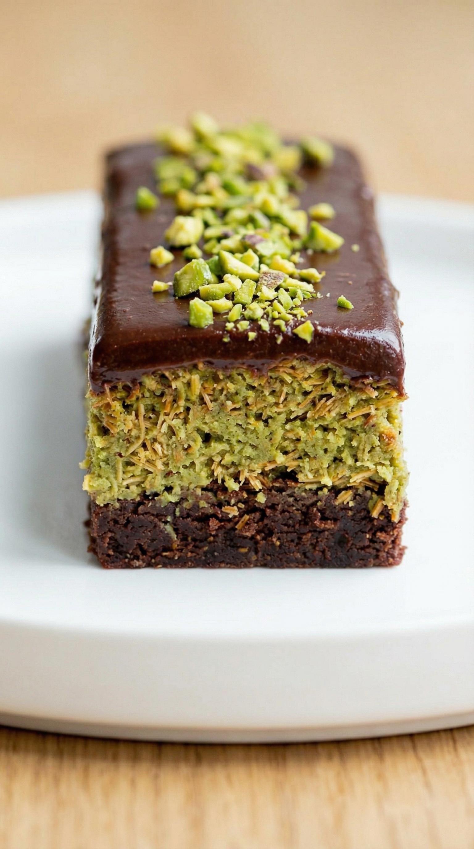 A slice of chocolate cake with green toppings.