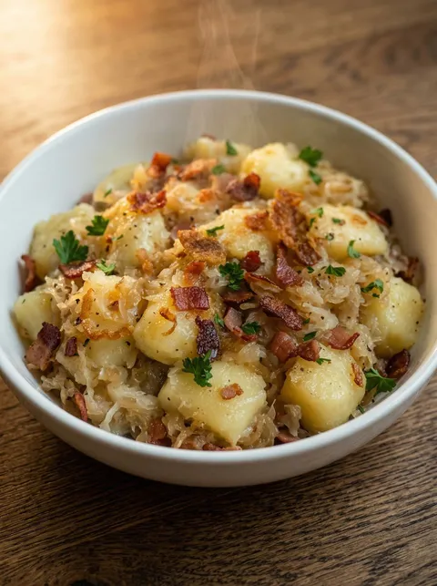 A bowl of potatoes with bacon and parsley.
