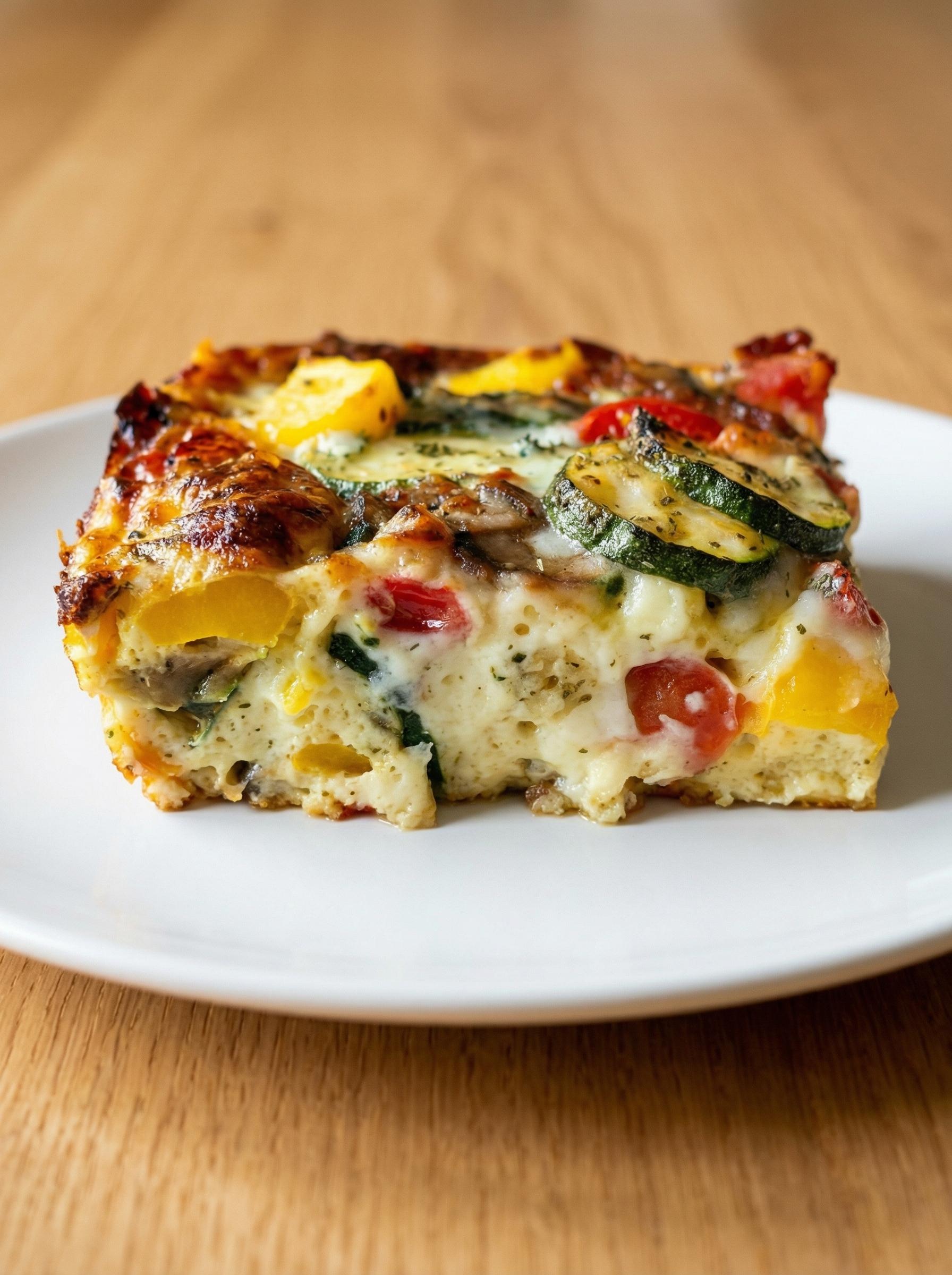 A slice of quiche with vegetables on a white plate.