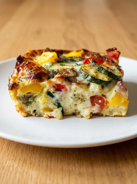 A slice of quiche with vegetables on a white plate.