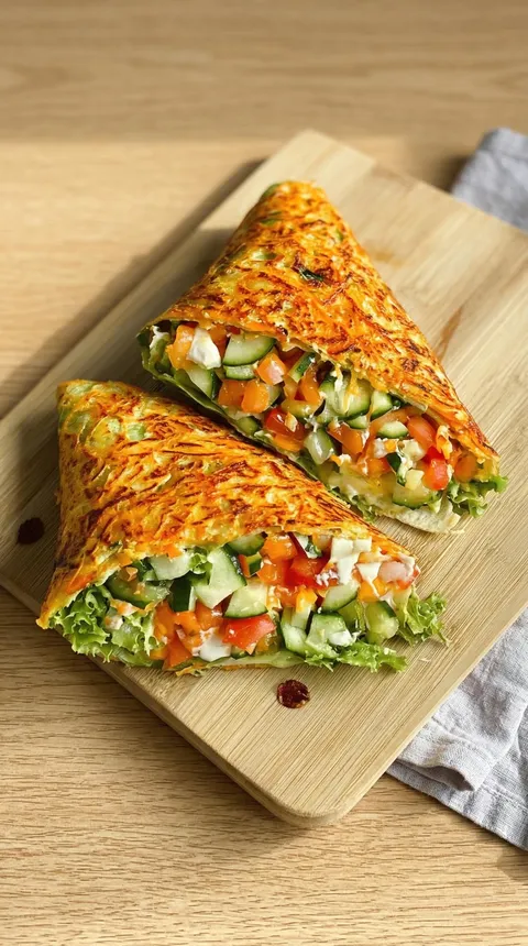 A wrap with vegetables and cheese.