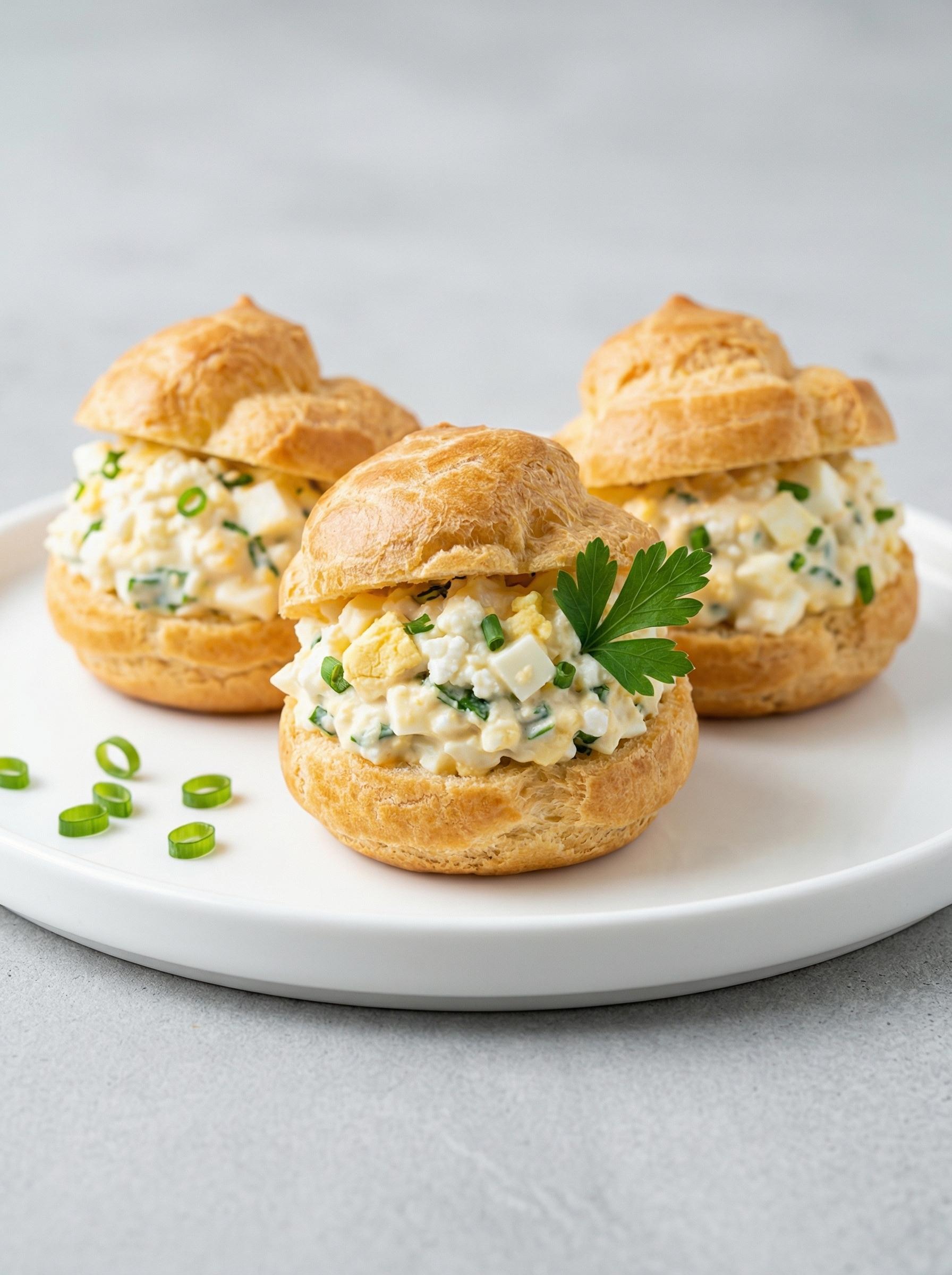 Two small sandwiches with a filling of eggs and cheese.