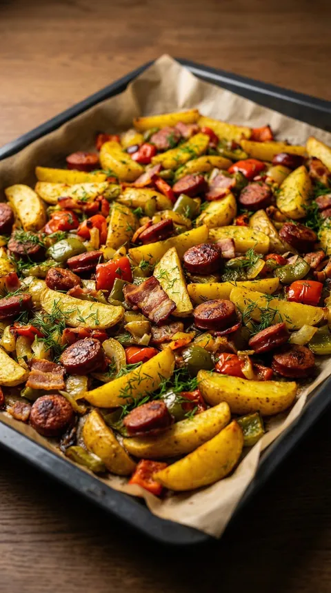 A dish of sausage and potatoes.