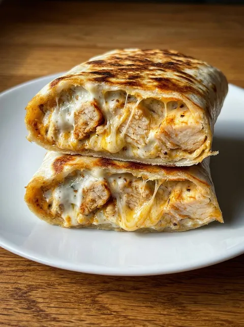 A plate with a chicken wrap on it.