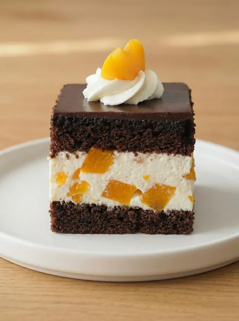 A slice of chocolate cake with orange slices on top.