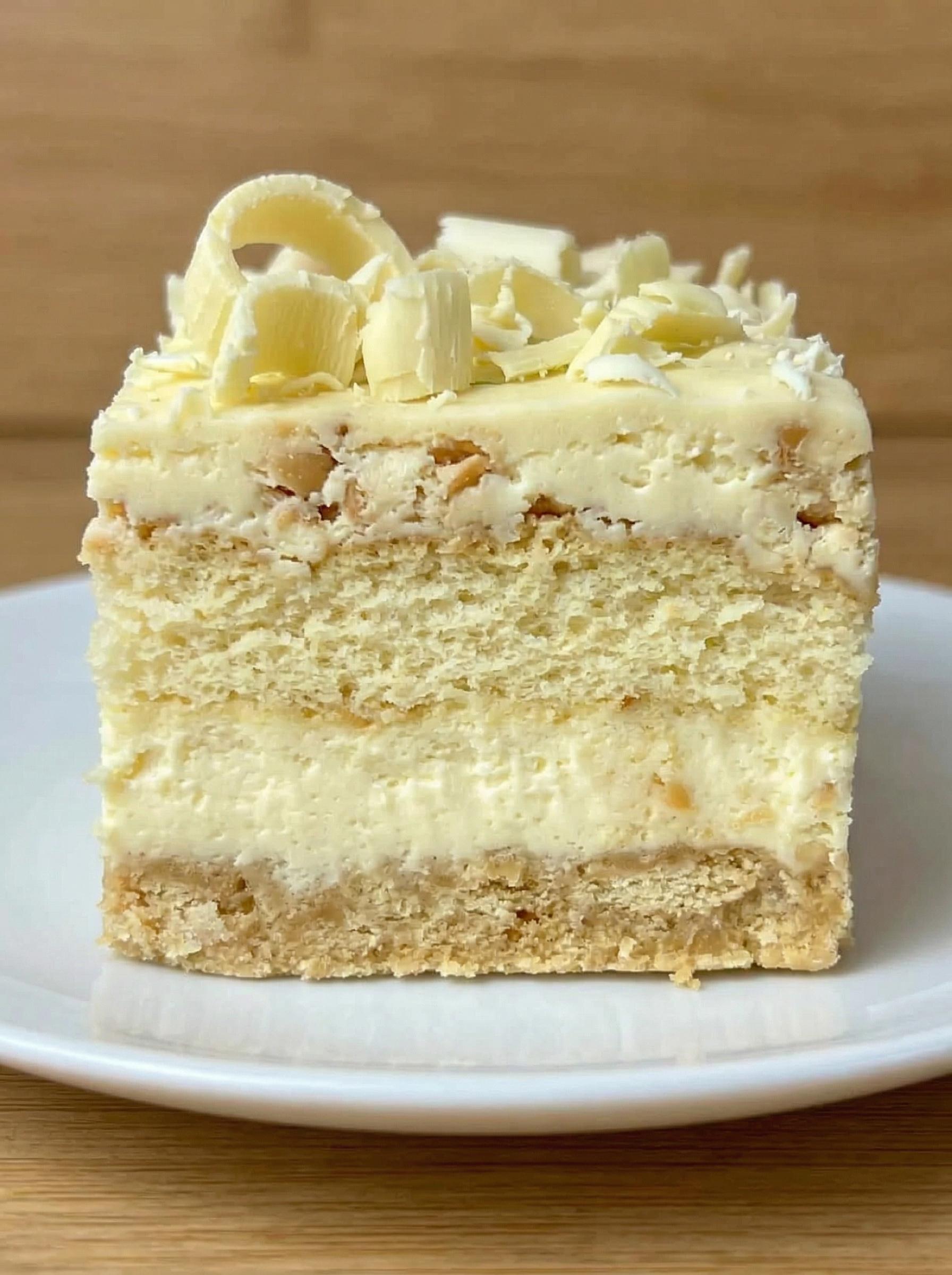 A slice of cake with white frosting and nuts.