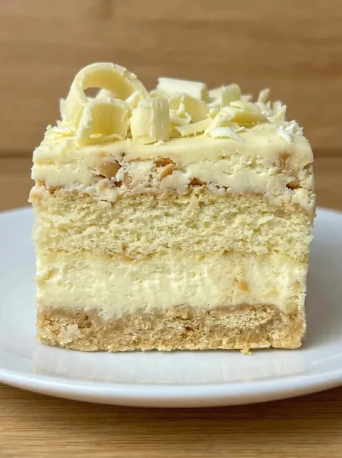 A slice of cake with white frosting and nuts.