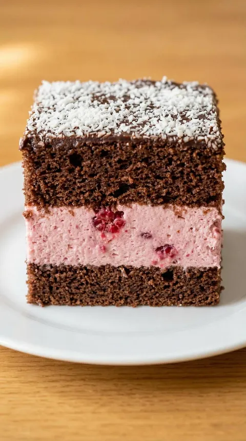 A slice of chocolate cake with raspberries on top.