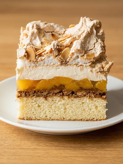 A slice of cake with a fruit topping.