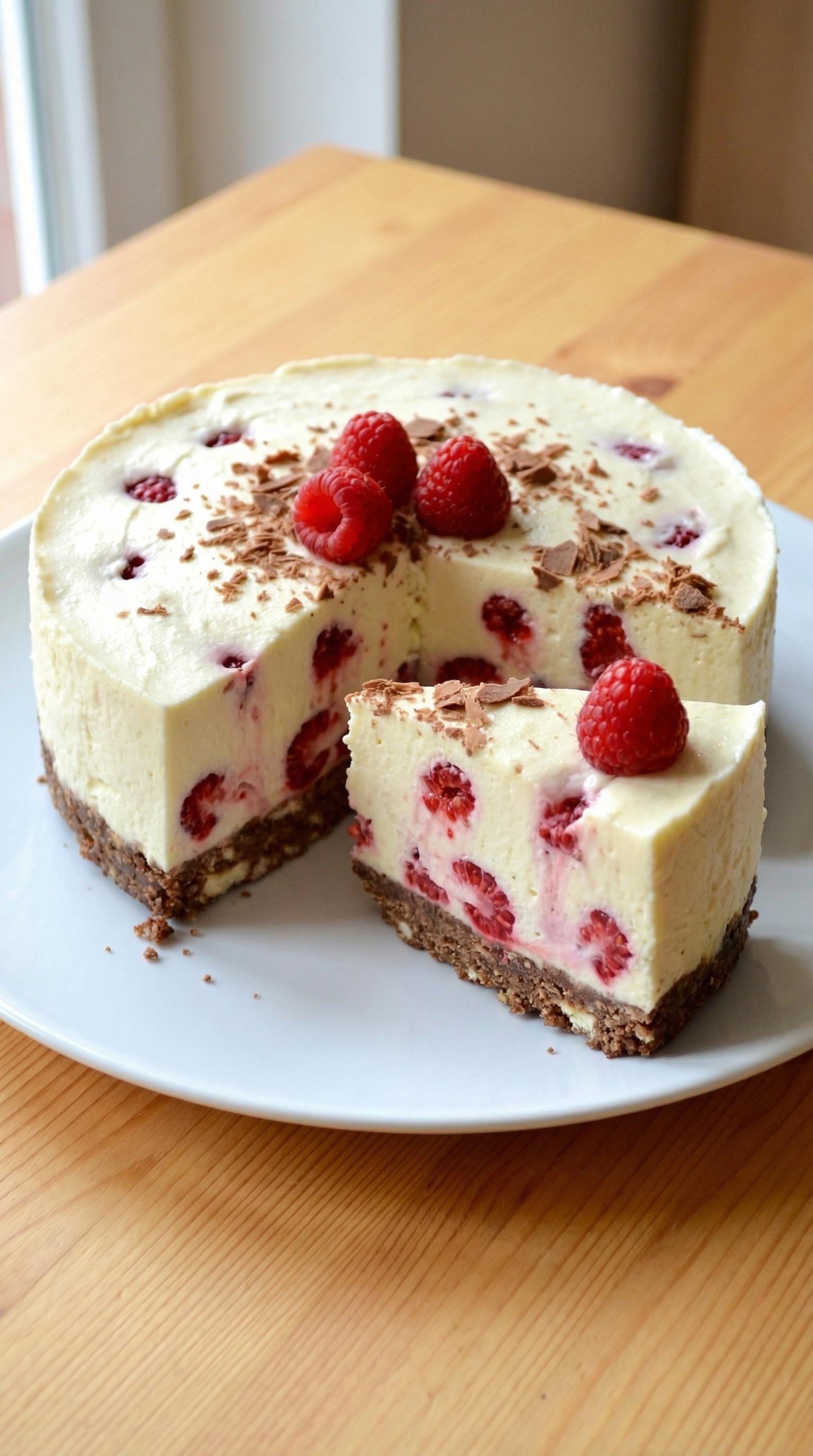 A slice of cake with raspberries and chocolate.
