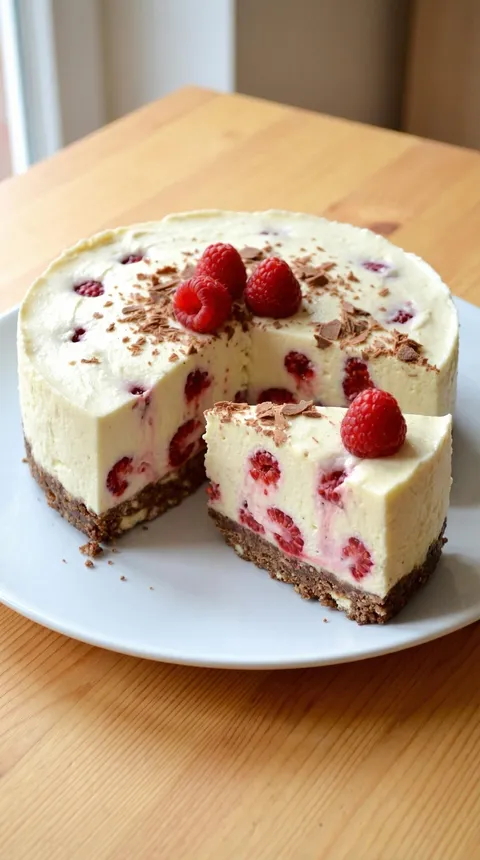 A slice of cake with raspberries and chocolate.