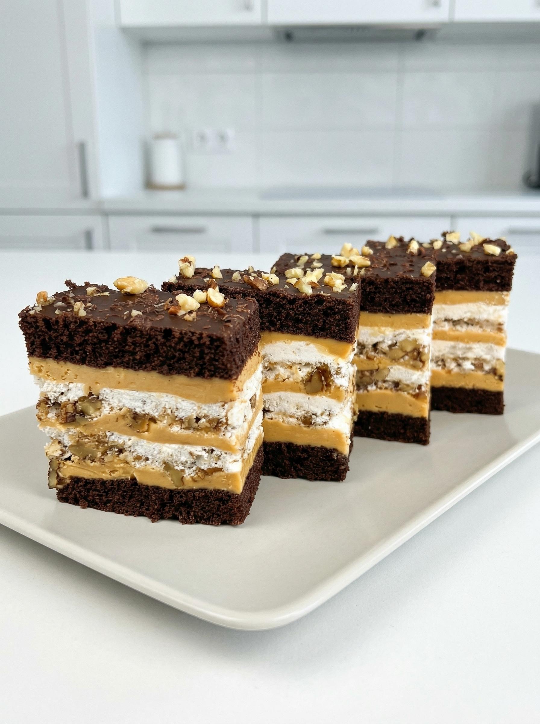 Three layers of chocolate cake with nuts on top.