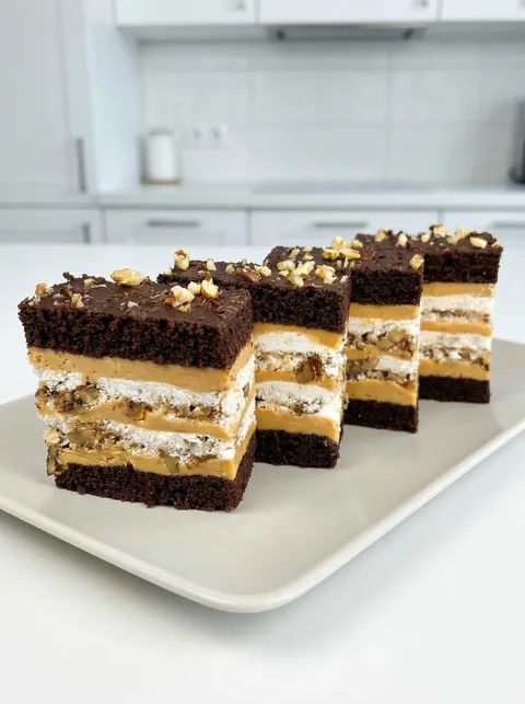 Three layers of chocolate cake with nuts on top.