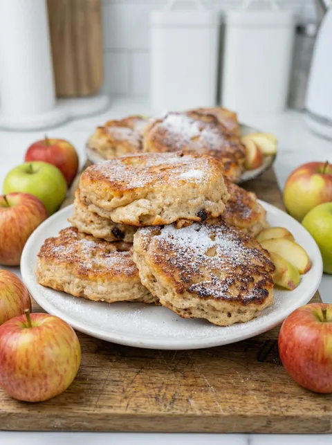 A plate of pastries with powdered sugar and apples.