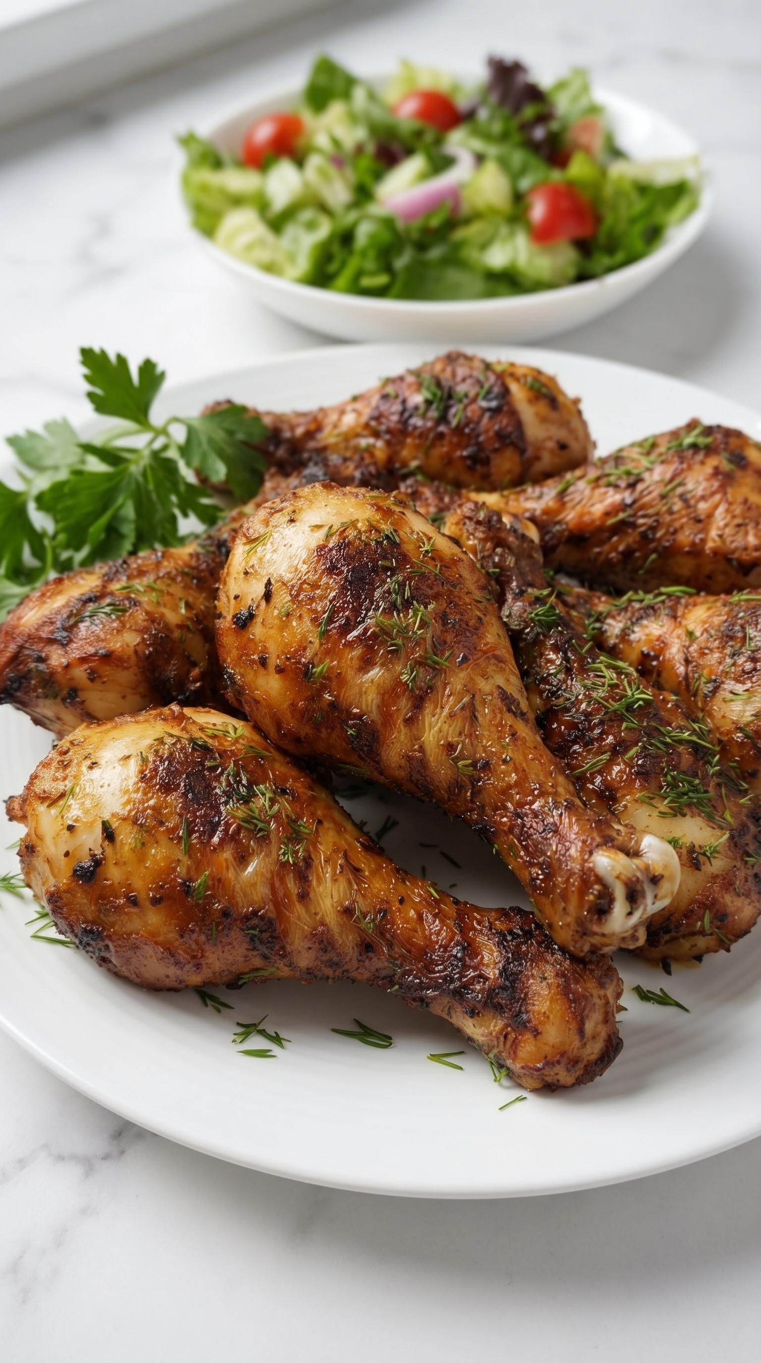 A plate of cooked chicken with herbs on it.