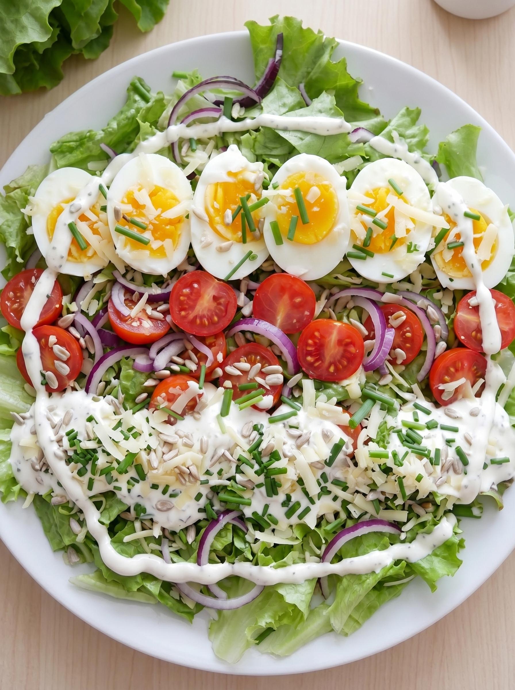 A plate of salad with eggs, tomatoes, and onions.