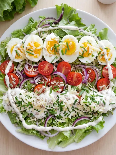 A plate of salad with eggs, tomatoes, and onions.
