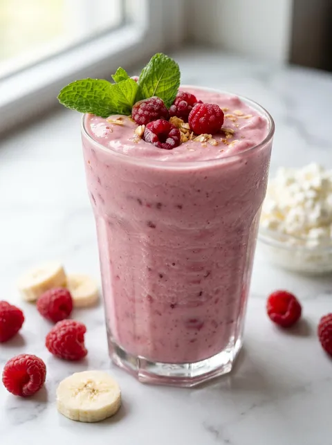A glass of a fruit smoothie with bananas and raspberries.