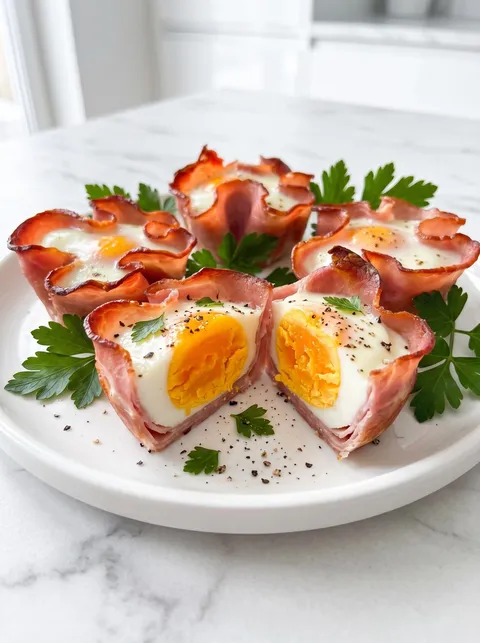 A plate of eggs with bacon on top.