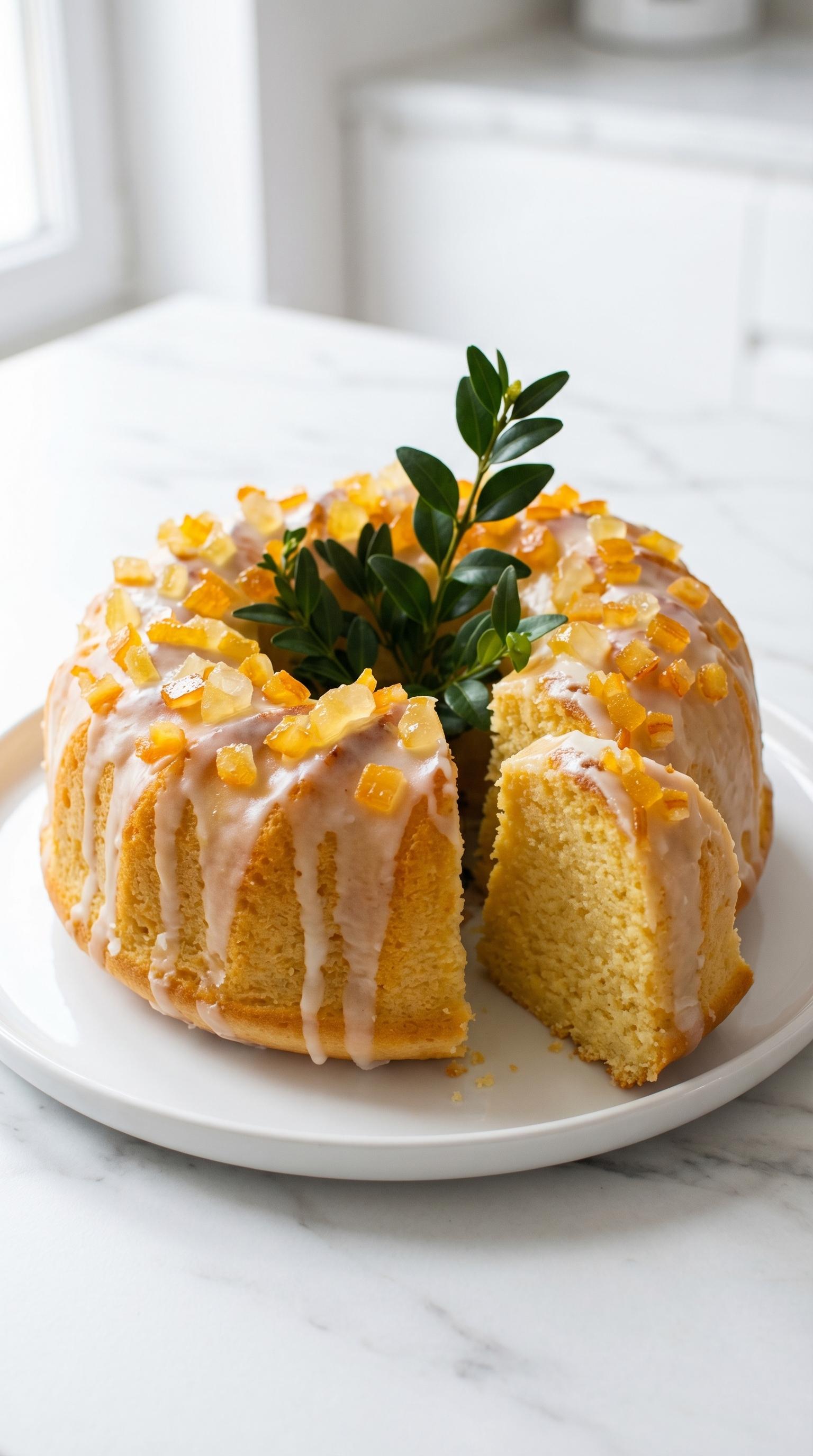 A slice of cake with a branch of orange leaves on top.