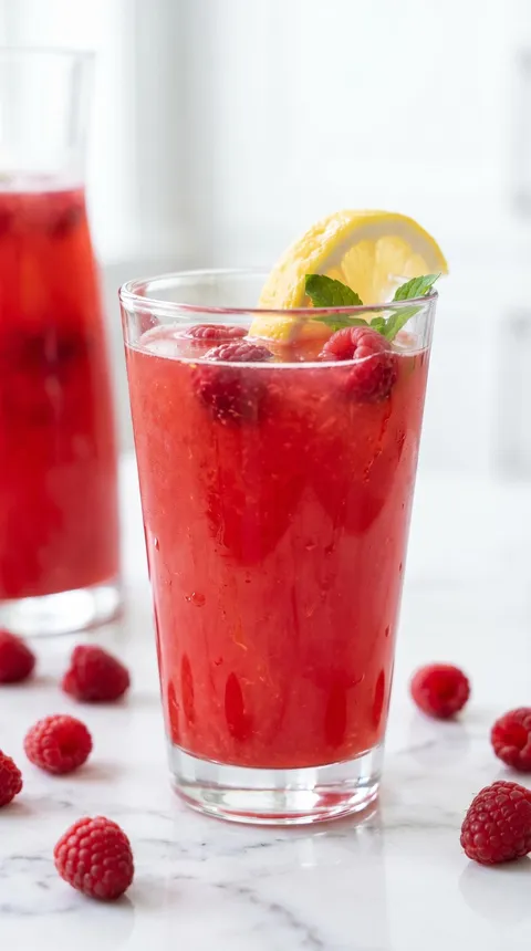 A glass of red lemonade with a lemon wedge in it.