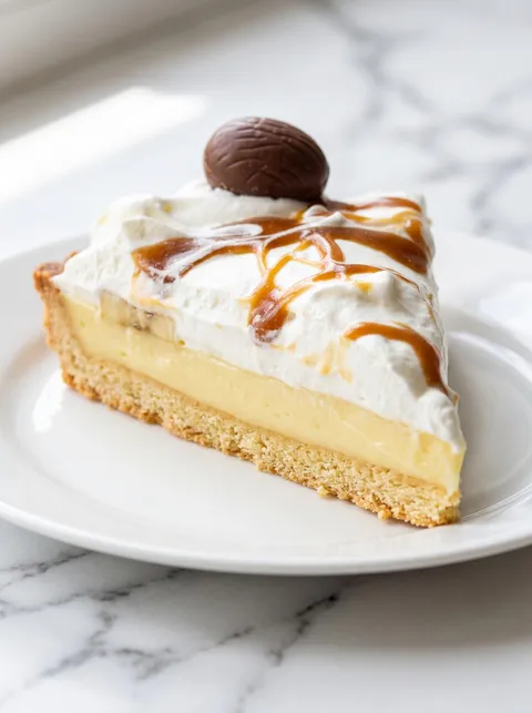 A slice of pie with a drizzle of caramel on top.