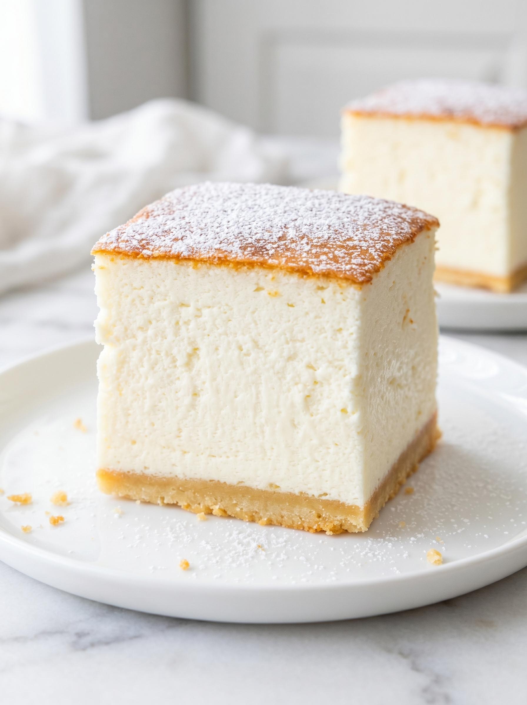 A slice of cake with powdered sugar on top.