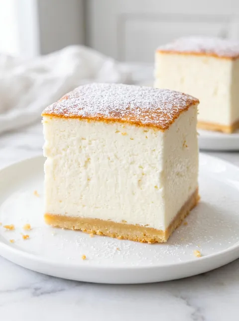 A slice of cake with powdered sugar on top.