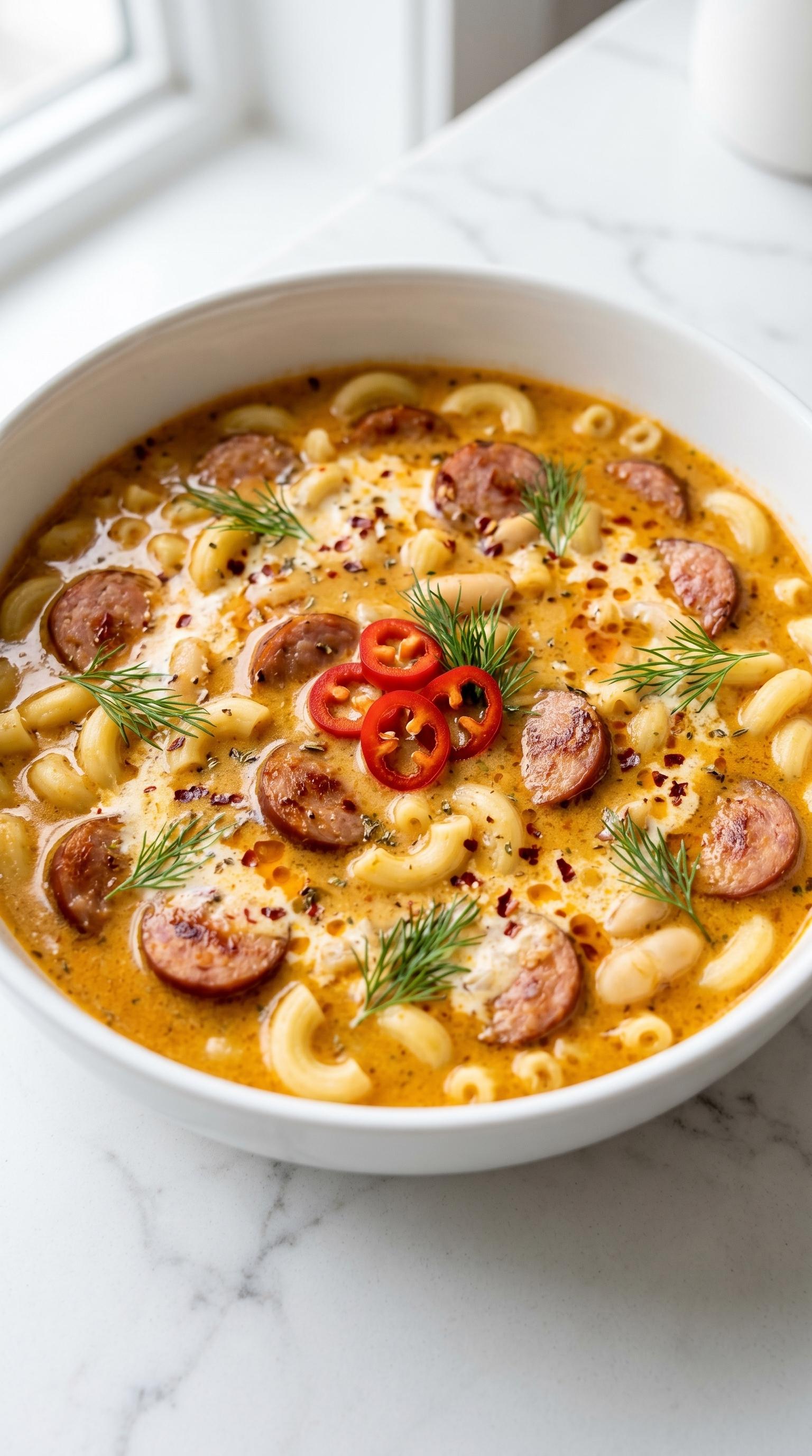 A bowl of soup with sausage and peppers.