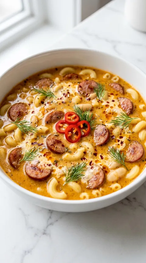 A bowl of soup with sausage and peppers.