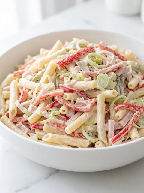A bowl of pasta salad with red peppers.