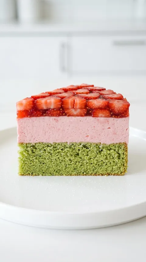 A slice of green cake with strawberries.