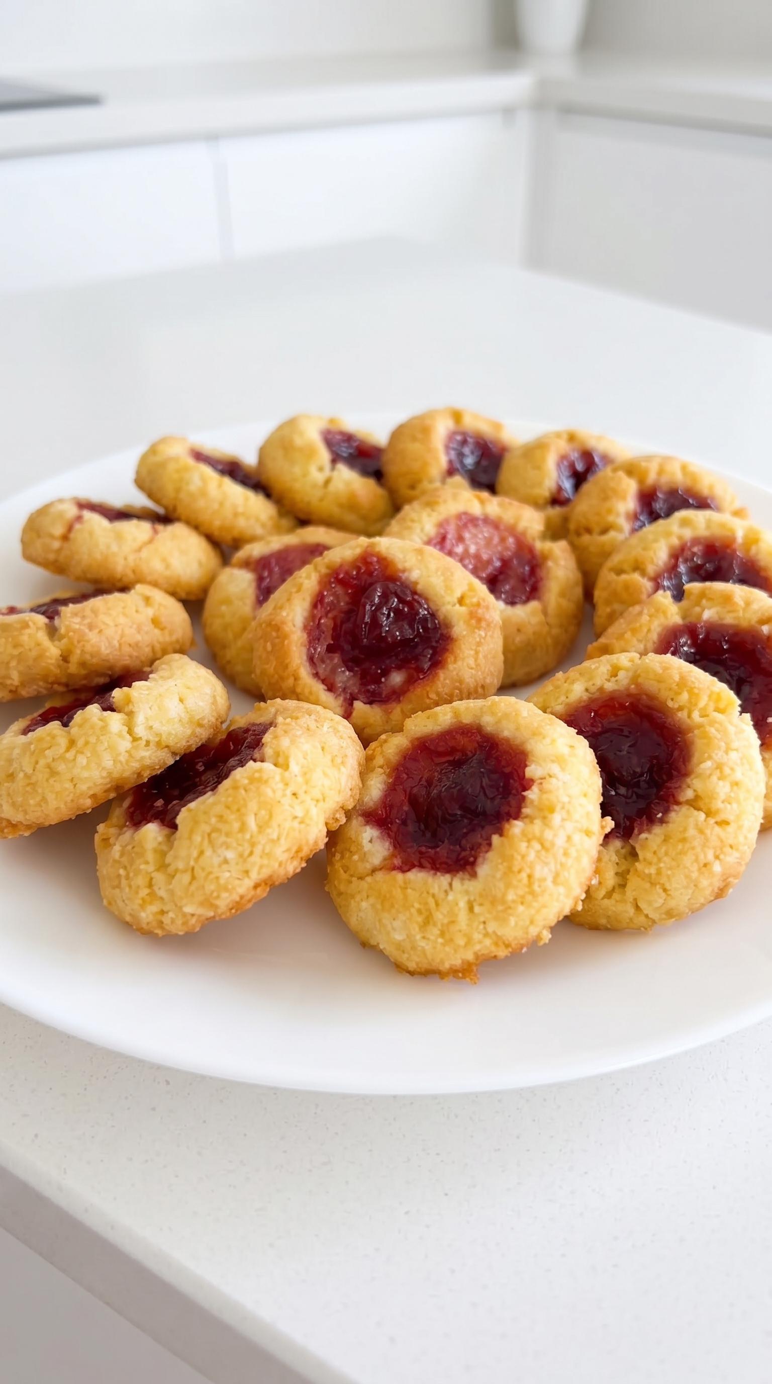 A plate of cookies with jam in the middle.