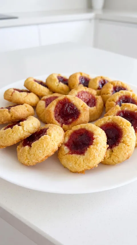 A plate of cookies with jam in the middle.