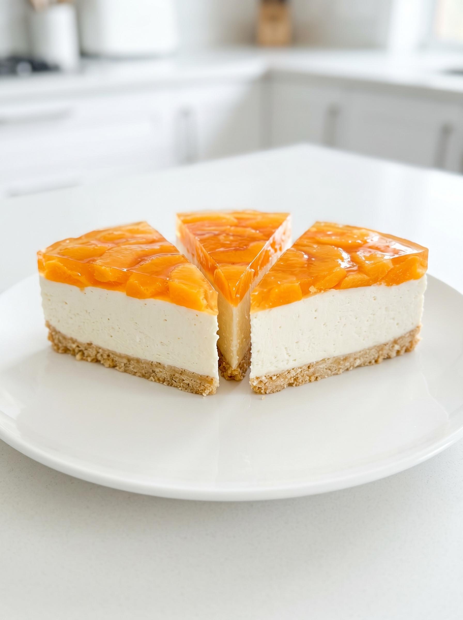 A slice of orange cheesecake with a crust.