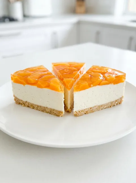 A slice of orange cheesecake with a crust.
