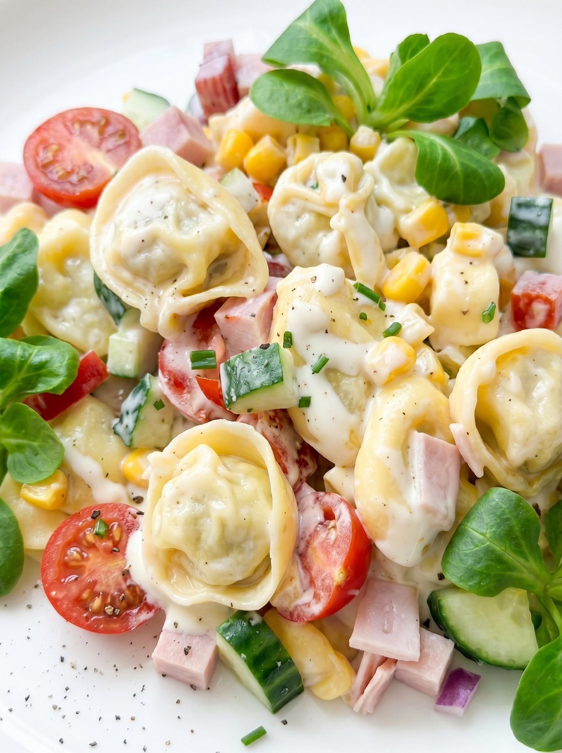A salad with tomatoes, cucumbers, and pasta.