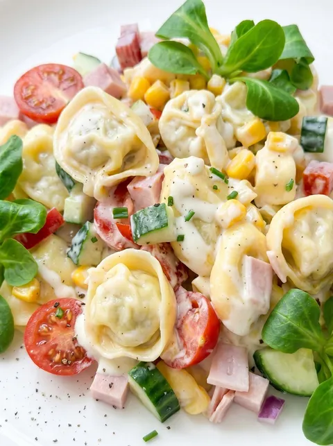 A salad with tomatoes, cucumbers, and pasta.