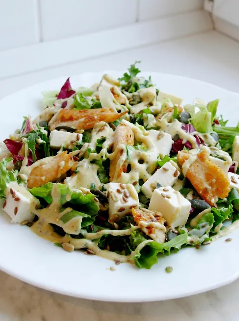 A plate of salad with chicken and greens.