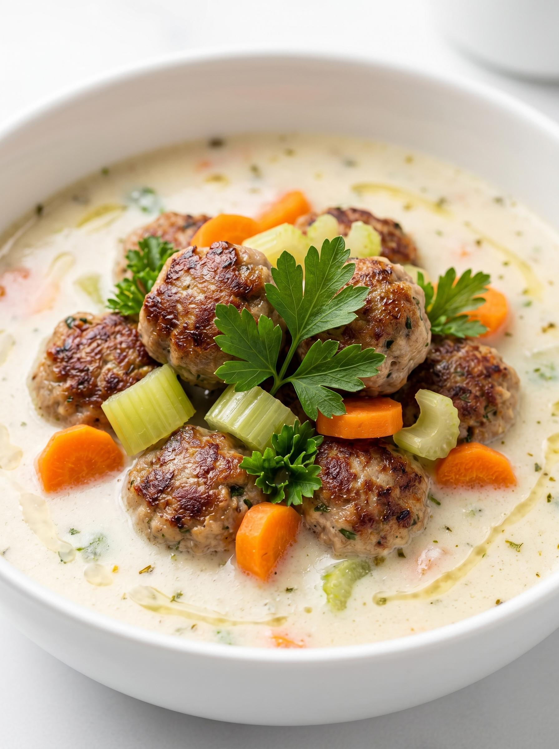 A bowl of soup with meatballs and vegetables.