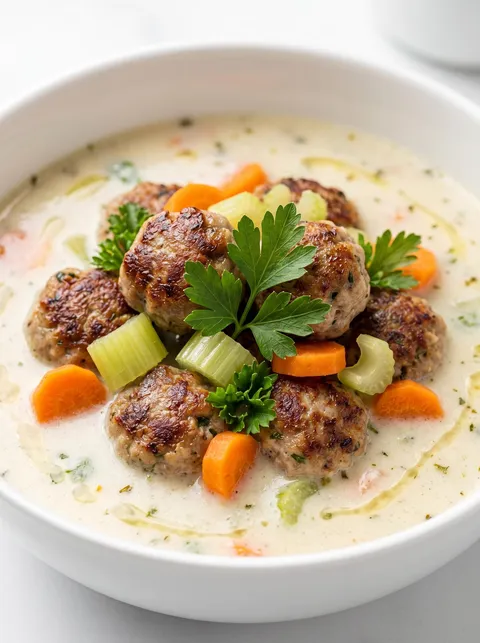 A bowl of soup with meatballs and vegetables.
