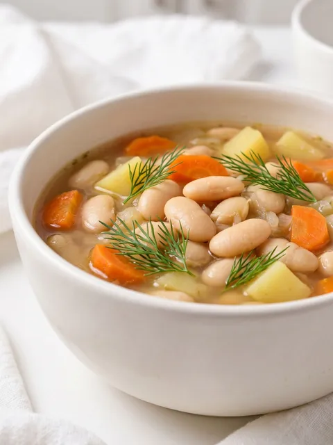 A bowl of soup with carrots and beans.