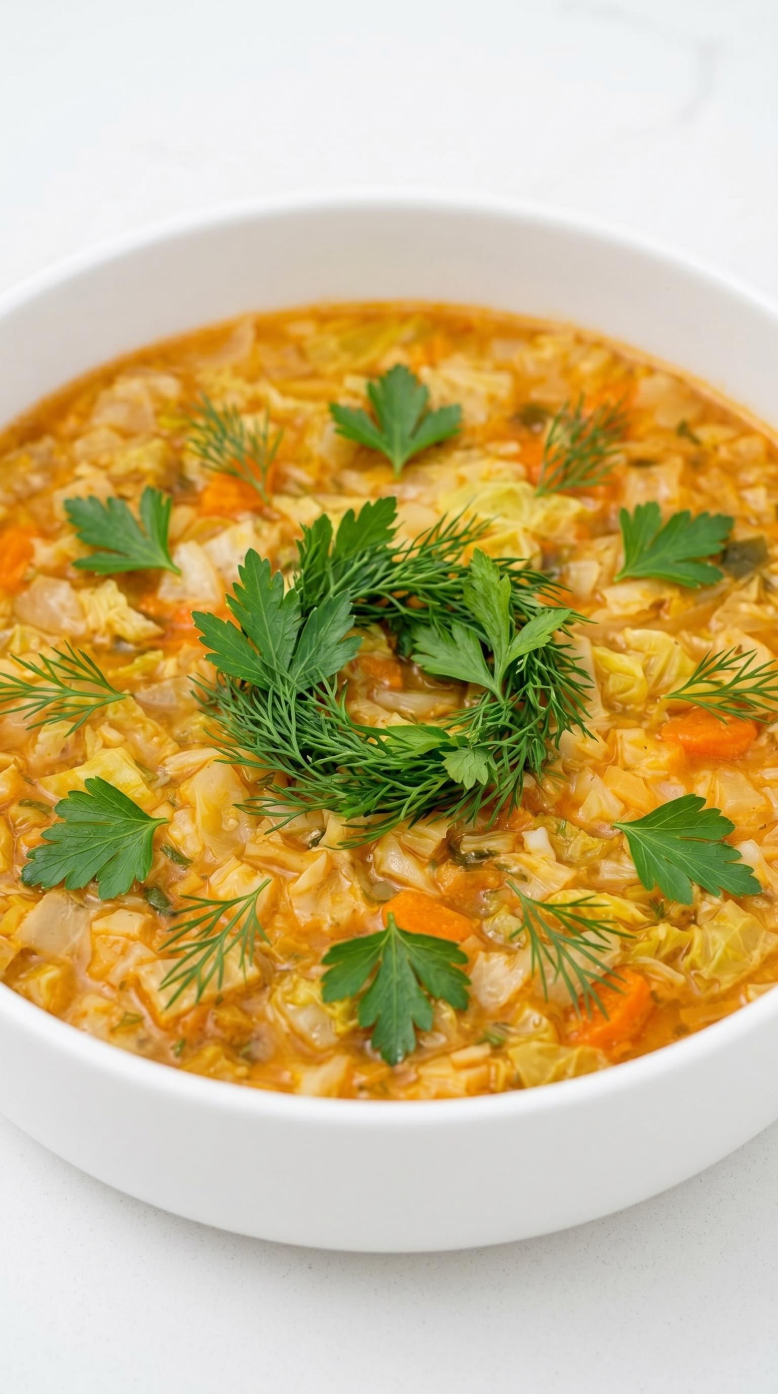 A bowl of soup with vegetables.