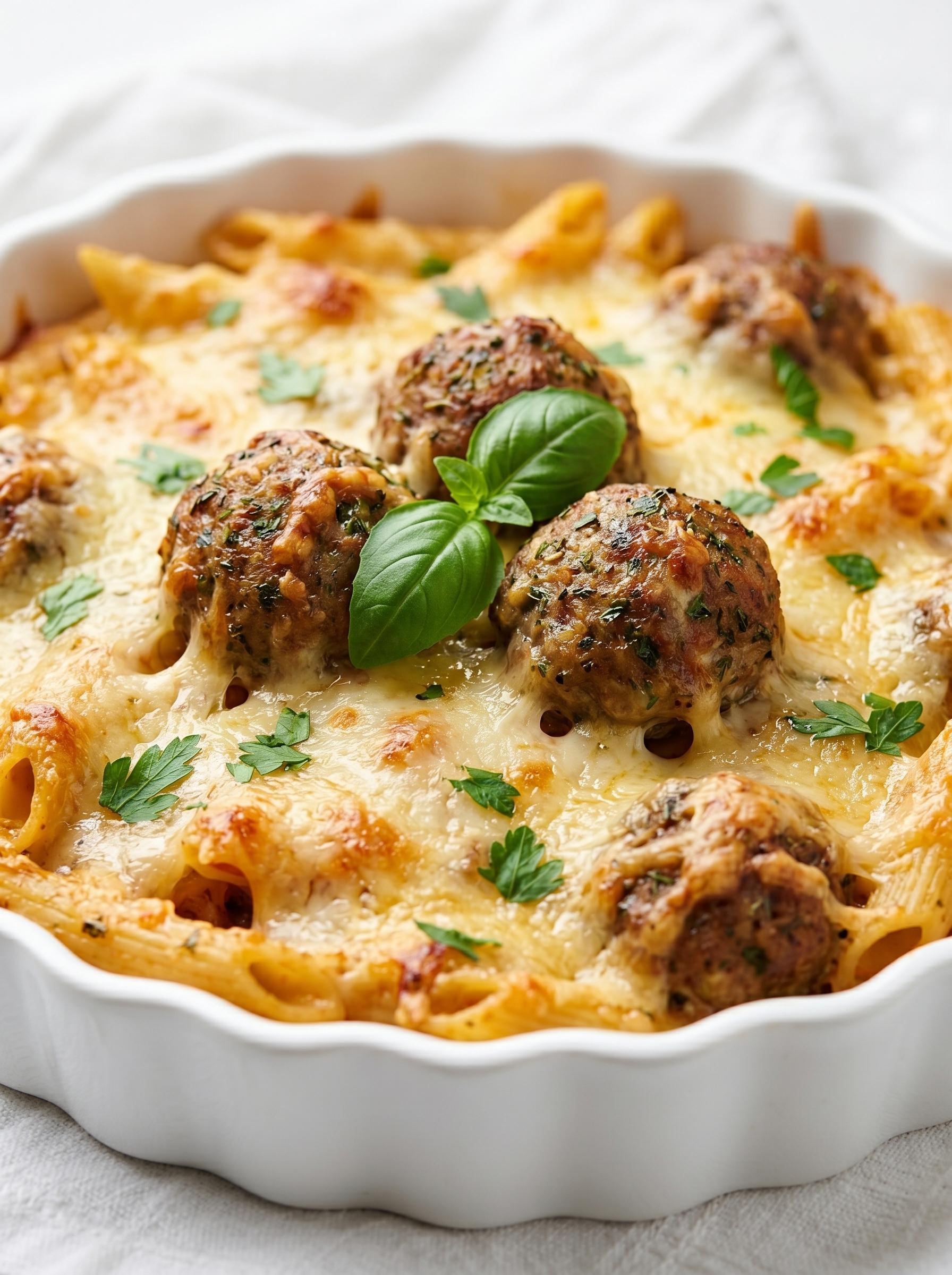 A bowl of pasta with meatballs and spinach.