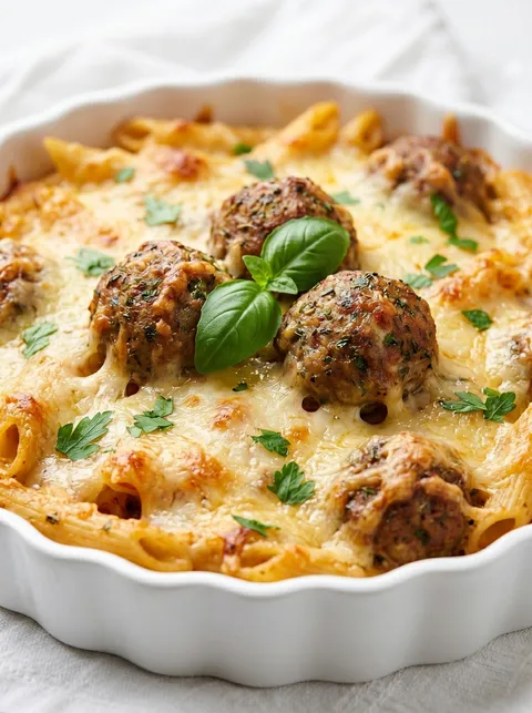 A bowl of pasta with meatballs and spinach.